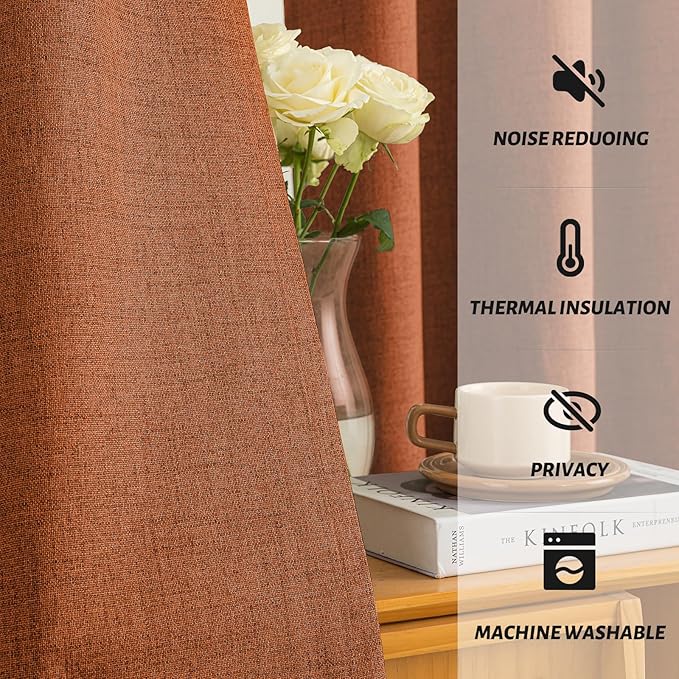 Yakamok Burnt Orange Linen Curtains 100% Blackout 90 Inches Long, Room - Image 5