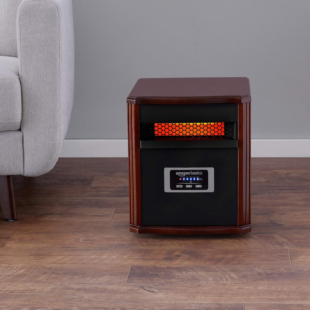 Amazon Basics Portable Space Heater with Remote Control, Adjustable Thermostat, Indoor Use, Energy-Saving Setting, LED Display, Classic Wood Casing, 1500W, 12"D x 13"W x 16"H, Brown