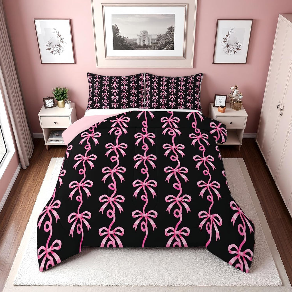 Erosebridal Pink and Black Bow Twin Comforter Set | Cute Coquette Bowtie Bedding Sets for Girls Kids, Pink Ribbon Bow Tie Striped Bed Set, Aesthetic Bows Room Decor, 1 Pillowcase