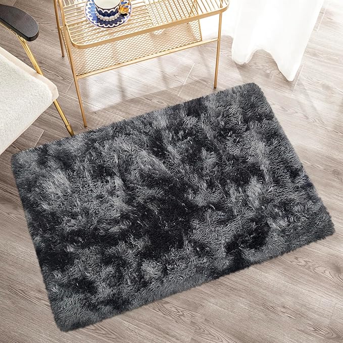 Small Tie-Dyed Area Rug for Bedroom 2x3 Mini Black Grey Fluffy Rug Mat Bedside - Image 4