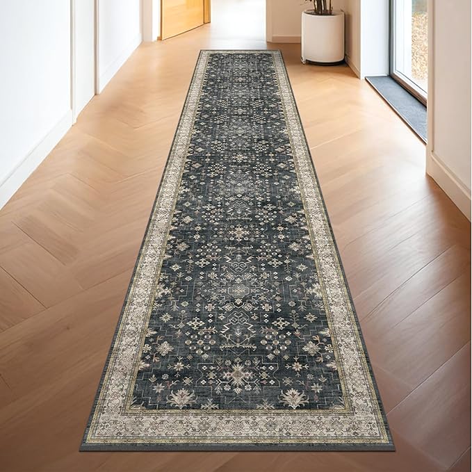 Black Boho Washable 2x10 Hallway Runner Rug by HazoHaus