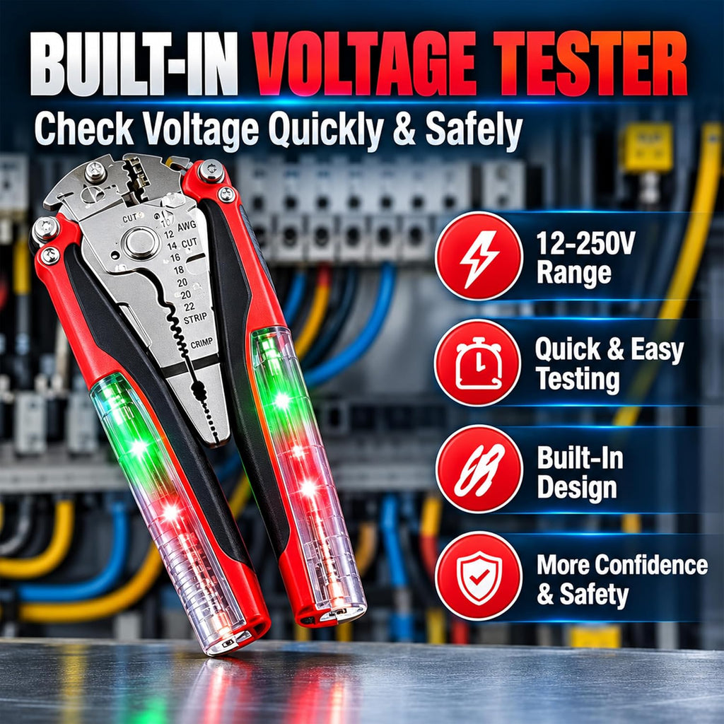 16-in-1 Foldable Wire Stripper, Electrical Multitool with 12-250V Voltage Tester, Crimper, Screw Cutter & Non-Slip Grip, Stainless Steel Voltage Test Pliers for Home Wiring, DIY & Repairs