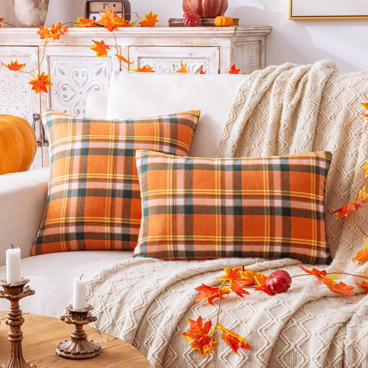 AQOTHES Fall Plaid Orange Green Throw Pillow Covers 18x18 Inch Set of 2
