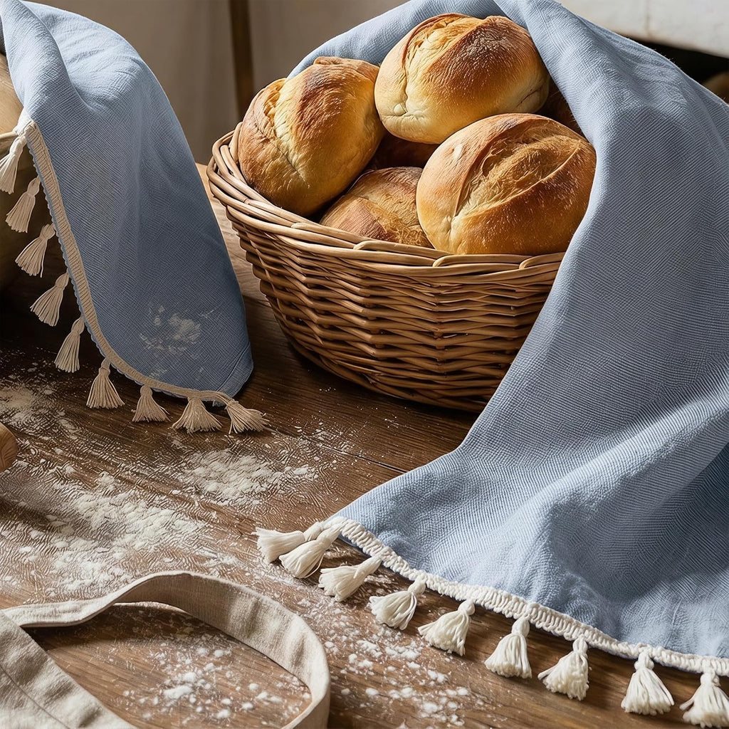 100% Linen Hand Towels 2 Pcs, 16x40 Inch Boho Decorative Kitchen Towels with Short Edge Tassel, Absorbent Soft Guest Bathroom Tea Dish Towels, Farmhouse Sink Towel Set,Blue