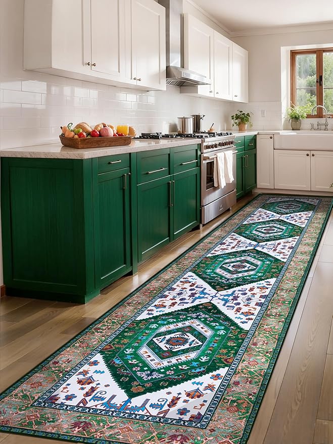 SERISSA Runner Rug for Hallways, Extra Long Boho Rug Ultra Soft Vintage Green - Image 2