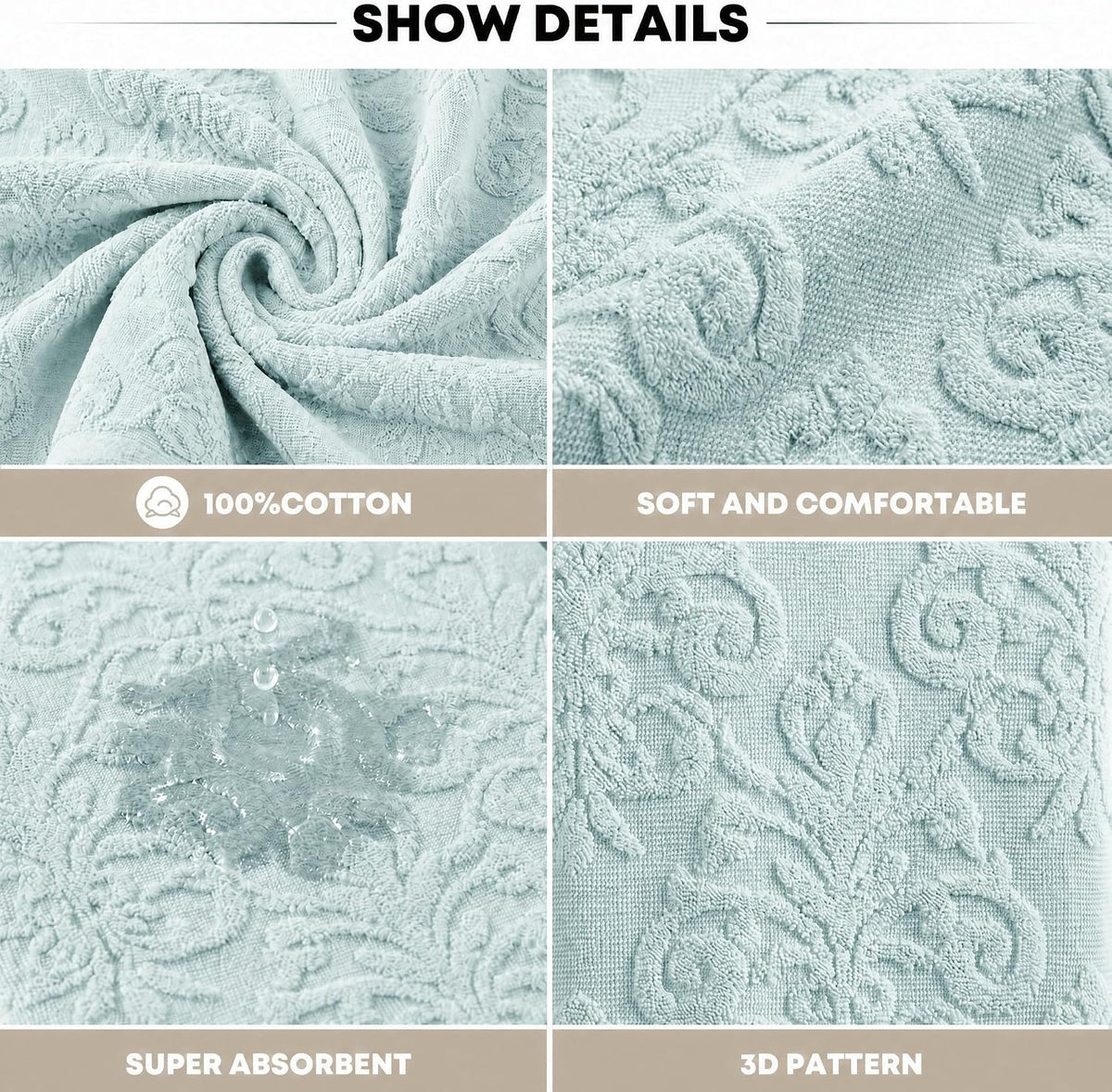 Artoid Mode 2 Pcs Blue 3D Vintage Floral Hand Towels for Bathroom, 100% Cotton Soft Absorbent Bathroom Decor Towels, 13.7 x 29.5 Inch