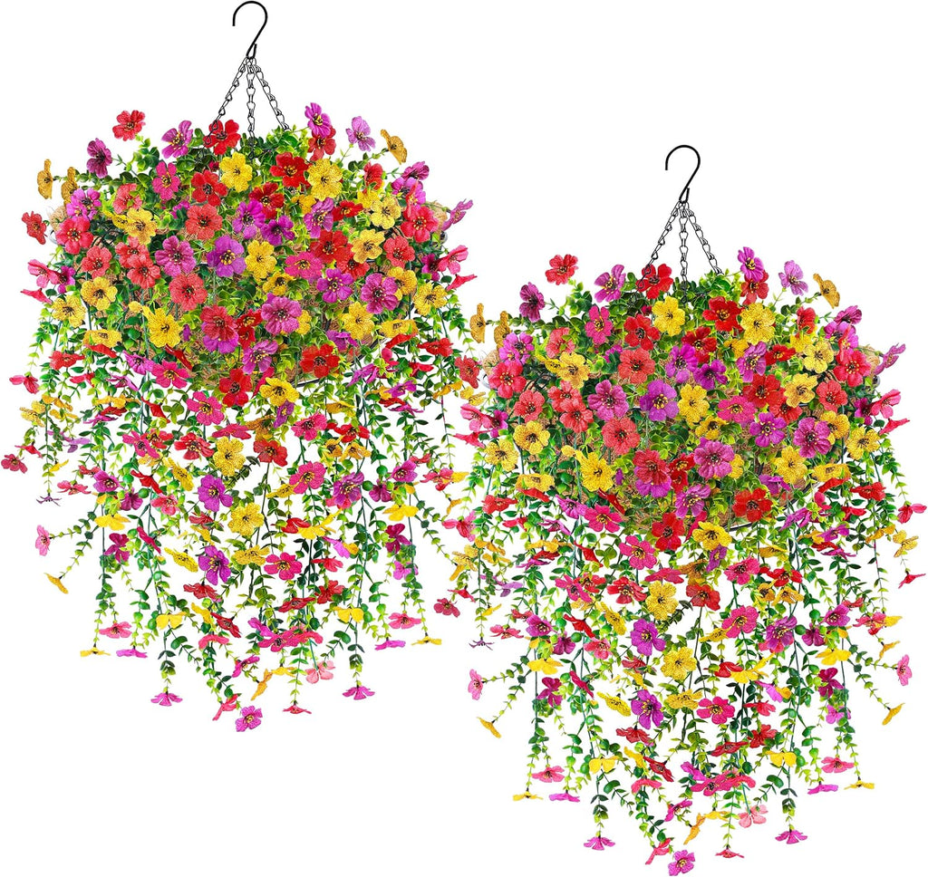 Der Rose 2Pcs Artificial Hanging Flower Basket for Outdoors Fake Hanging Flowers Plants with 4 Faux Silk Trailing Vines for Porch Patio Balcony Spring