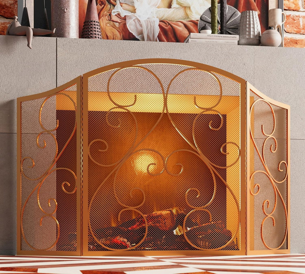 Fire Beauty Fireplace Screen 3 Panel Wrought Iron Metal 48"(L) x30(H) Spark Guard Cover(Golden Dusting)
