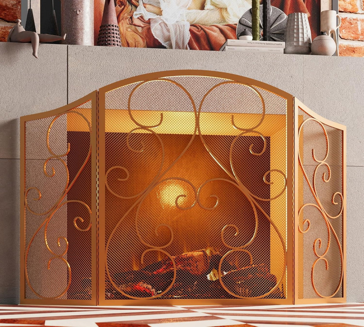 Fire Beauty Fireplace Screen 3 Panel Wrought Iron Metal 48"(L) x30(H) Spark Guard Cover(Golden Dusting)