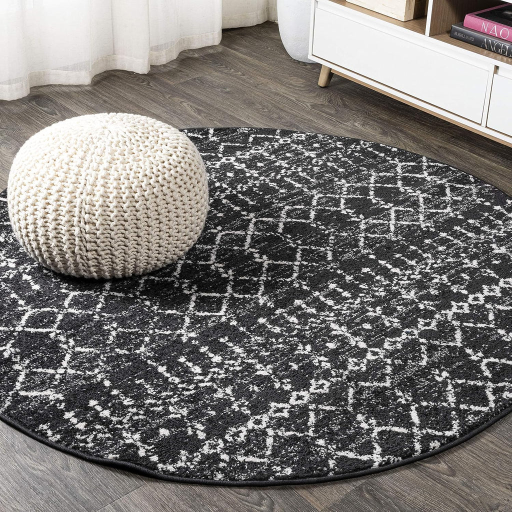 JONATHAN Y Boho Vintage Diamond Black/Ivory Round Area Rug 9 ft, Moroccan Hype for Living Room, Bedroom, Kitchen, Office, Easy-Cleaning, High Traffic, Pet-Friendly, Non-Shedding (MOH101D-9R)