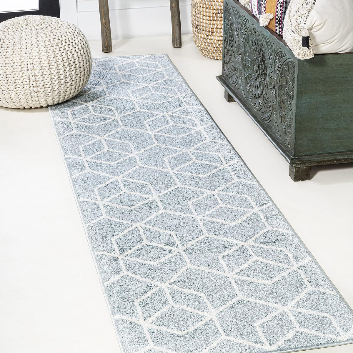 JONATHAN Y Tumbling Blocks Light Blue/White Runner Rug 2x8, Modern,Contemporary,Geometric,Casual, Easy-Cleaning for Living Room,Bedroom,Kitchen,Pet Friendly,Non-Shedding (SEU101C-28)