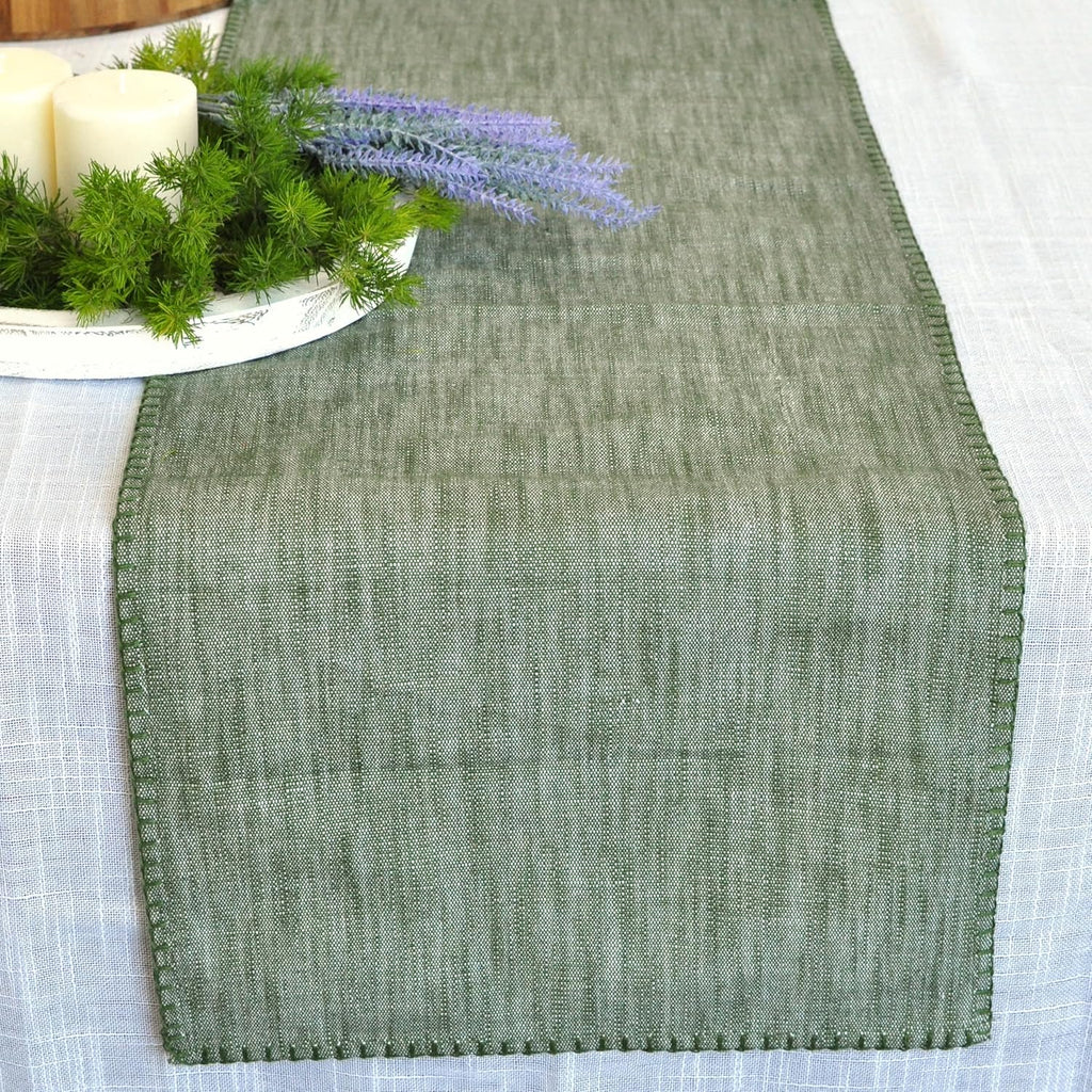 Short Coffee Table Runner Cotton Modern Kitchen Table Runner with Decorative Stitch at Edge Dresser Scarf Dining Table Washable Cloth Small Furniture Top Cover 14"x48" Green