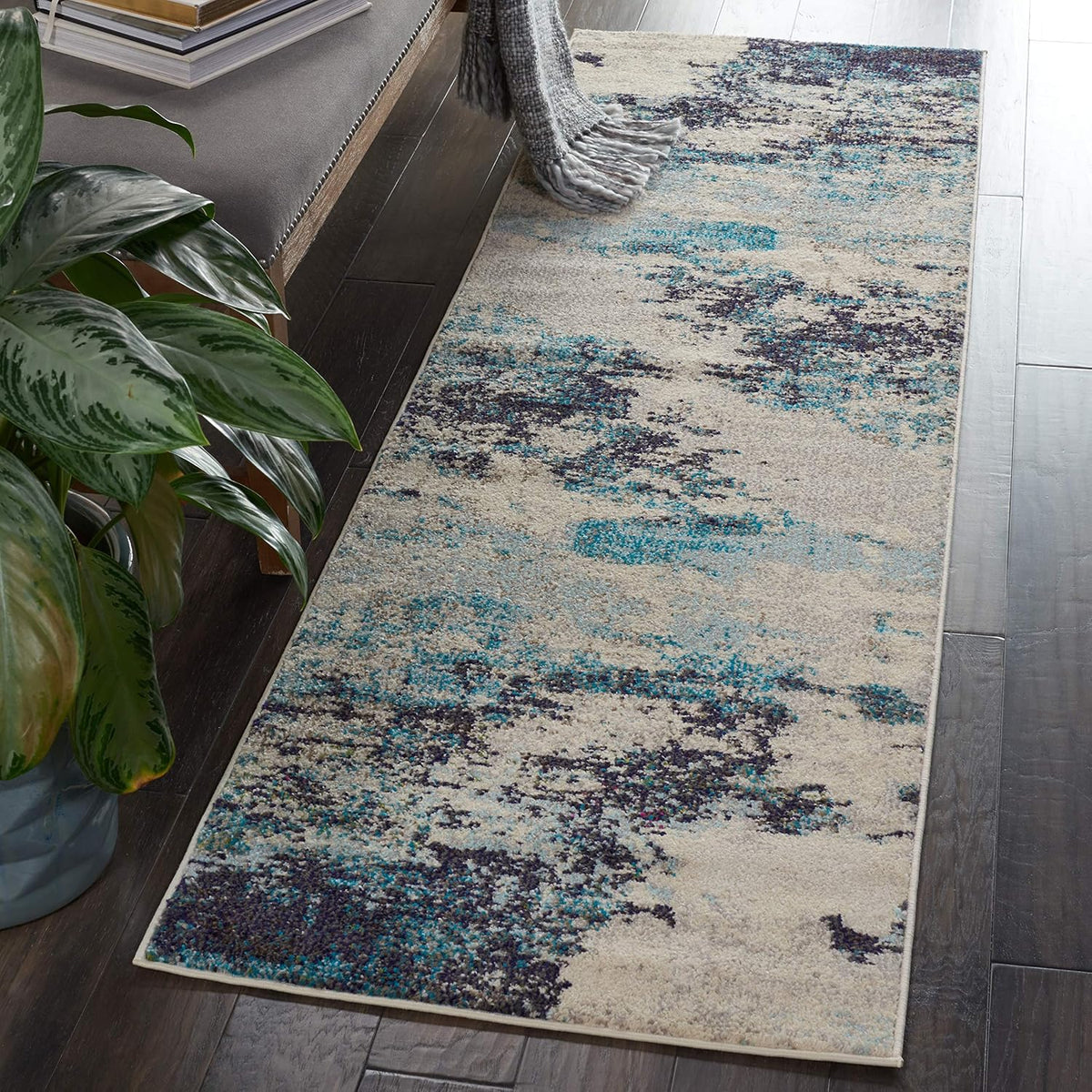 Nourison Home Celestial Ivory Teal Blue 2' x 6' Area Rug - Easy Clean, Non Shedding, Bed Room, Living Room, Dining Room, Kitchen (6' Runner)