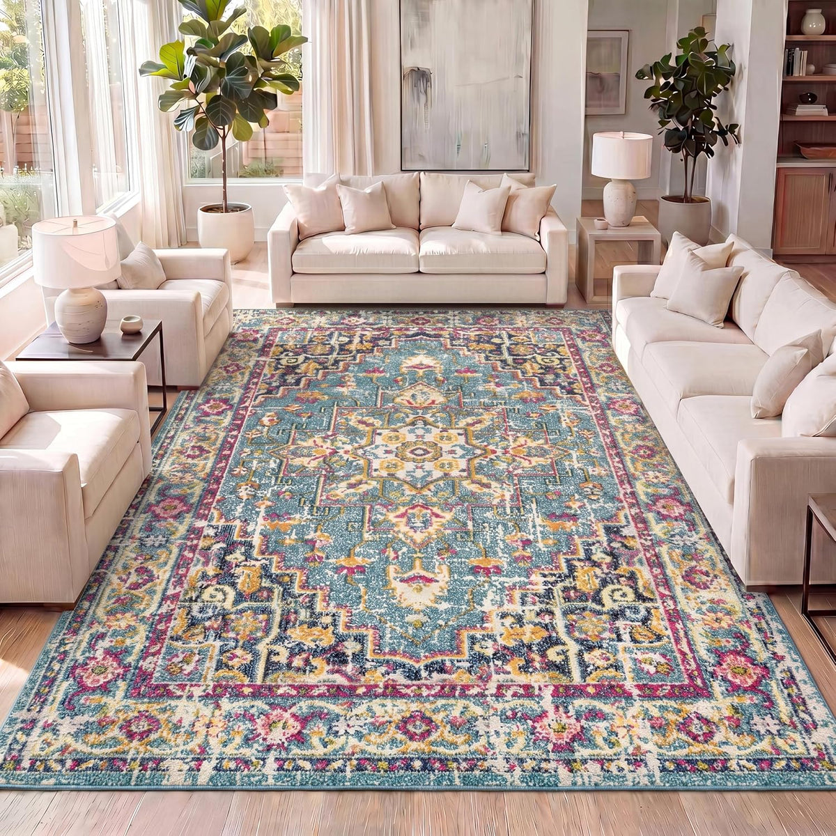 JONATHAN Y Brooklyn Geometric Medallion Blue/Multi Indoor Area Rug, 4x6, Vintage, Bohemian, Easy-Cleaning for Living Room, Bedroom, Kitchen, Pet Friendly, Non-Shedding (MDP207E-4)