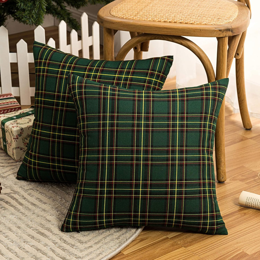 AQOTHES Christmas Plaid Decorative Throw Pillow Covers Green 18x18 Inches