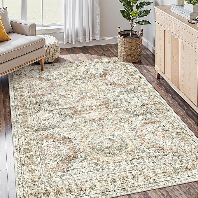 Soalmost 5x7 Area Rugs Brown Pink Low Pile Indoor Washable Trendy Faded Style - Image 9