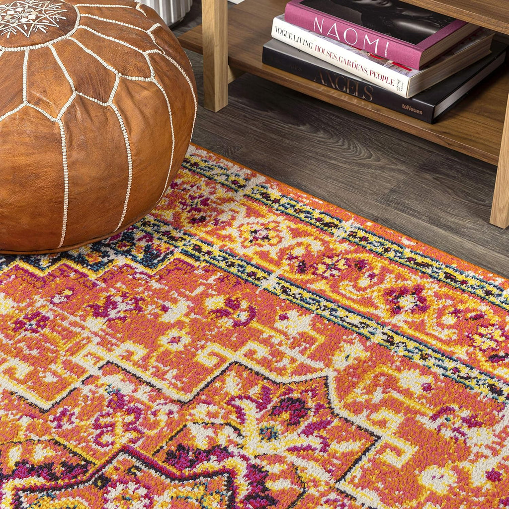 JONATHAN Y Brooklyn Geometric Medallion Orange/Blue Runner Rug, 2x8, Vintage, Bohemian, Easy-Cleaning for Living Room, Bedroom, Kitchen, Pet Friendly, Non-Shedding (MDP207D-28)