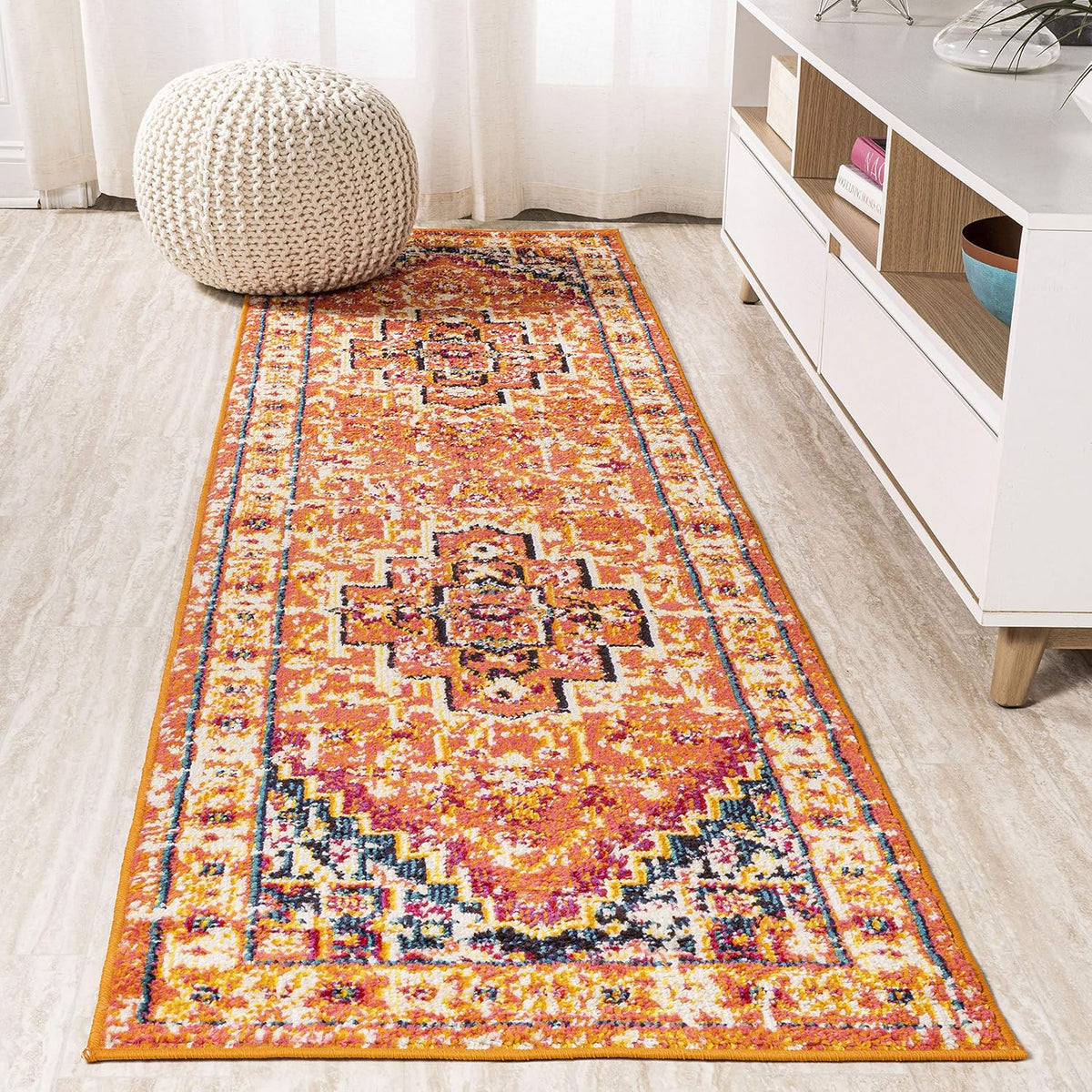 JONATHAN Y Brooklyn Geometric Medallion Orange/Blue Runner Rug, 2x8, Vintage, Bohemian, Easy-Cleaning for Living Room, Bedroom, Kitchen, Pet Friendly, Non-Shedding (MDP207D-28)