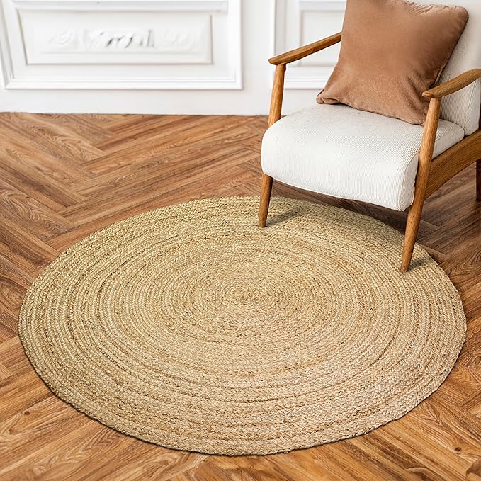 Hausattire Hand Woven Jute Braided Rug, 3’ Round – Natural, Reversible Boho - Image 4
