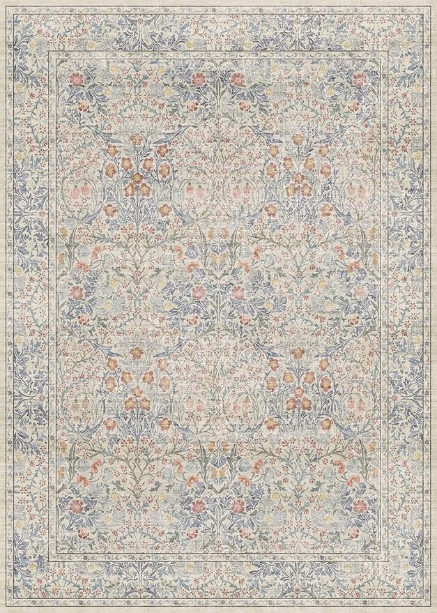 Beige Blue Living Room Rug 5x7, Cottage Area Rug - Image 2
