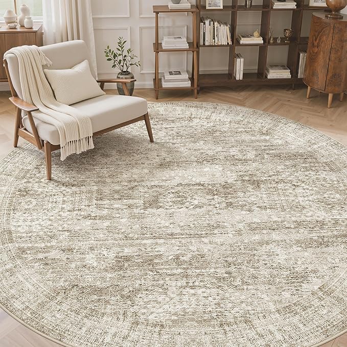 9x9 Brown Round Rug 9ft Living Room Circle Rug Vintage Round Area Rug Non Slip - Image 3