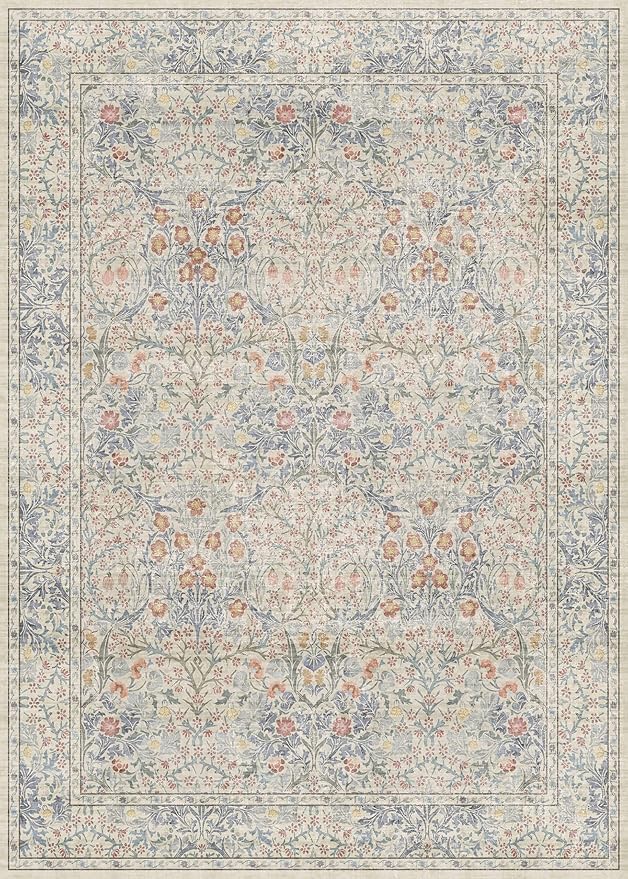 Vintage Washable Beige Blue 10x14 Rug - Image 2