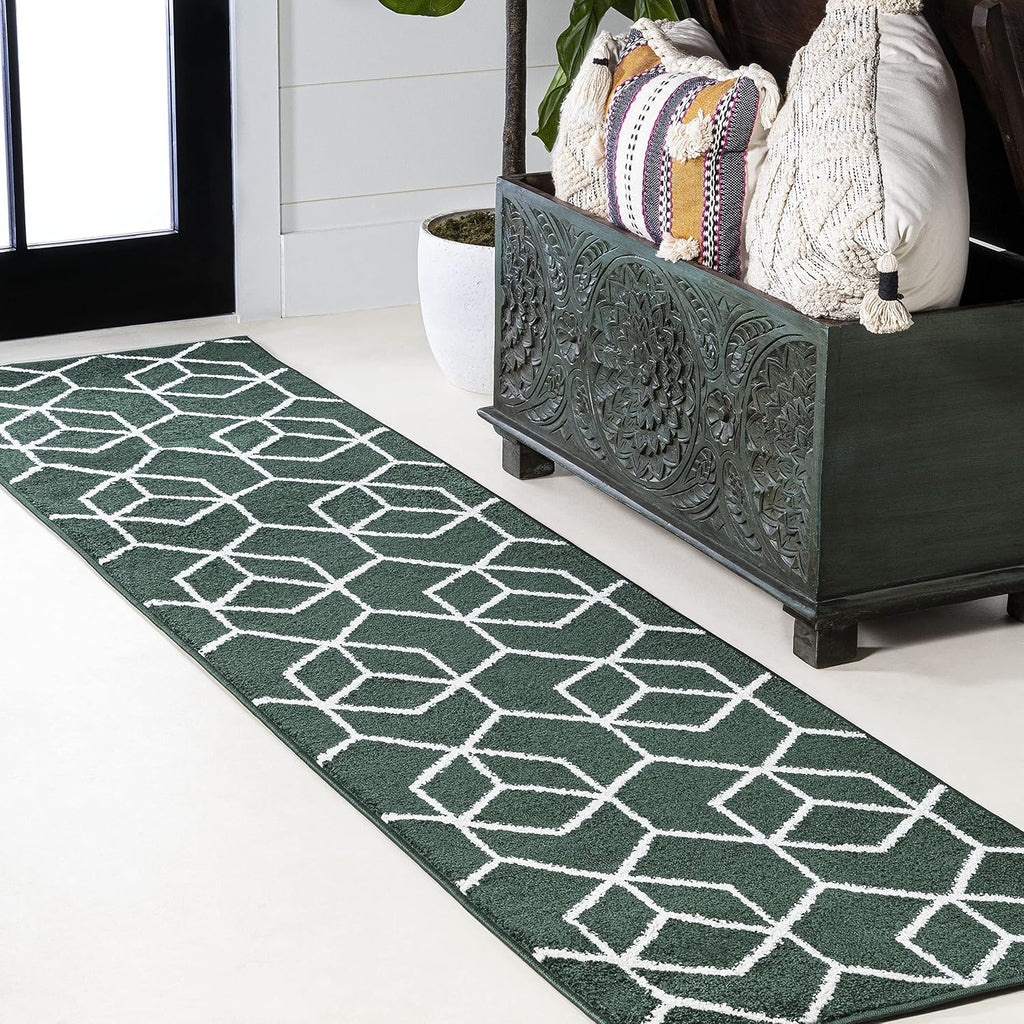 JONATHAN Y Tumbling Blocks Green/White Runner Rug 2x8, Modern,Contemporary,Geometric,Casual, Easy-Cleaning for Living Room,Bedroom,Kitchen,Pet Friendly,Non-Shedding (SEU101D-28)