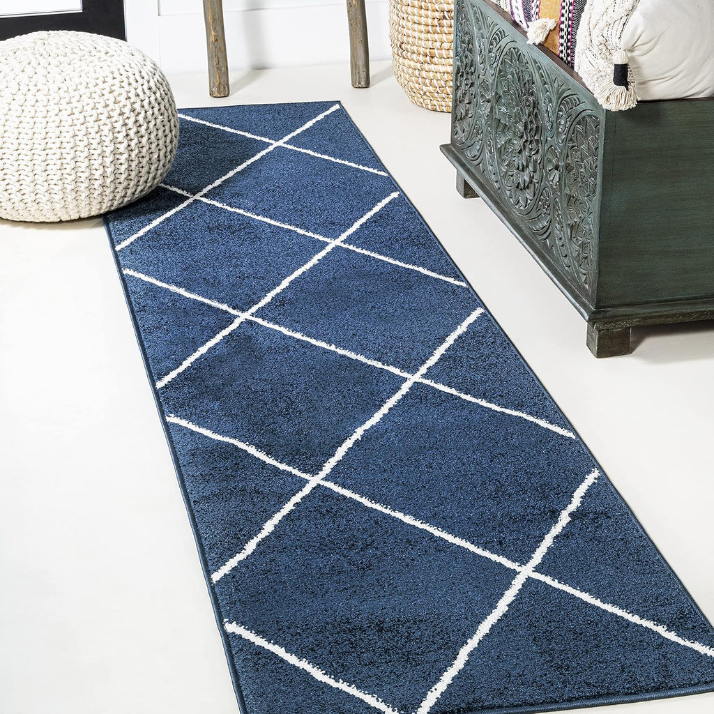 JONATHAN Y Cole Diamond Trellis Navy/White Runner Rug 2x8, Modern,Contemporary,Geometric,Casual, Easy-Cleaning for Living Room,Bedroom,Kitchen,Pet Friendly,Non-Shedding (SEU102H-28)