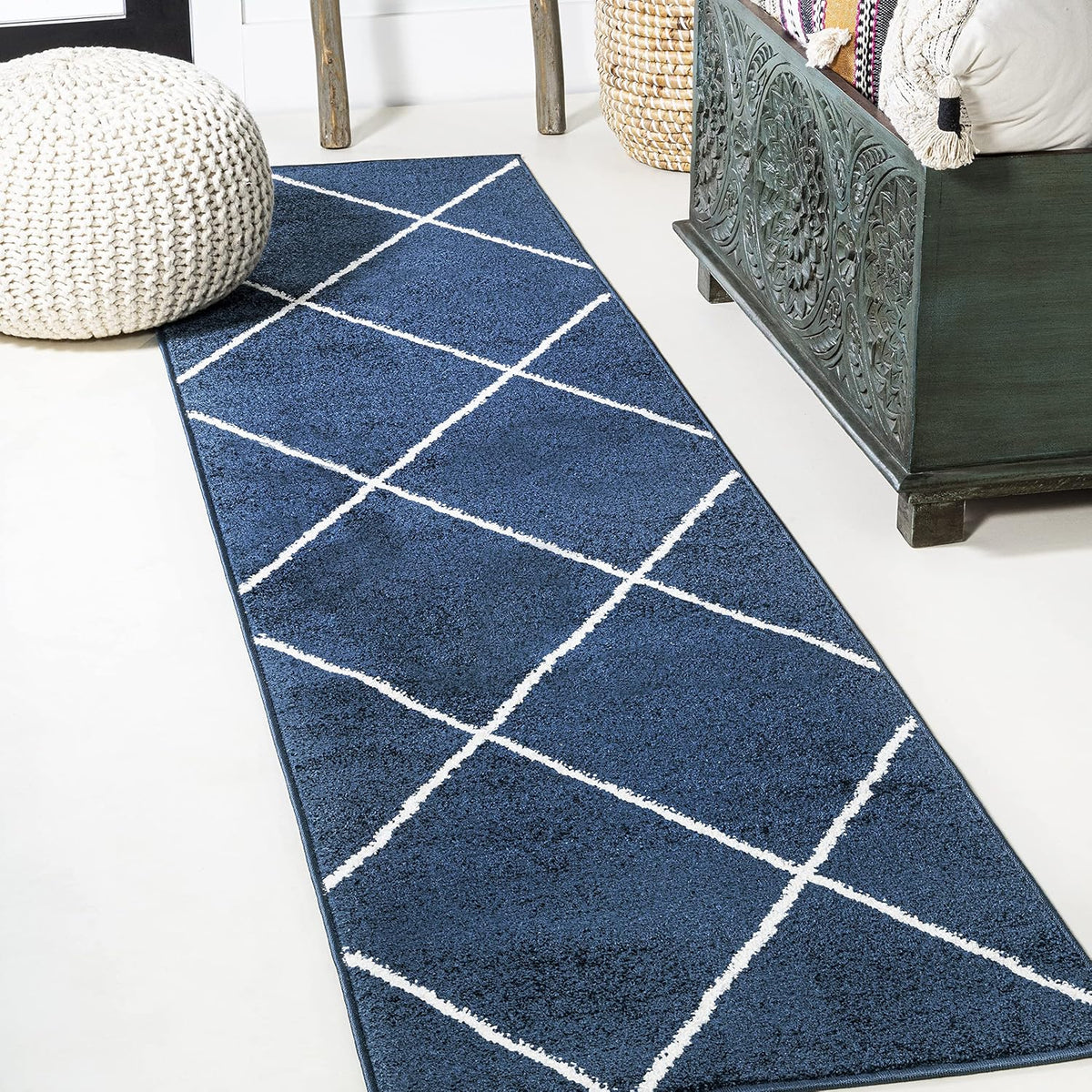 JONATHAN Y Cole Diamond Trellis Navy/White Runner Rug 2x8, Modern,Contemporary,Geometric,Casual, Easy-Cleaning for Living Room,Bedroom,Kitchen,Pet Friendly,Non-Shedding (SEU102H-28)