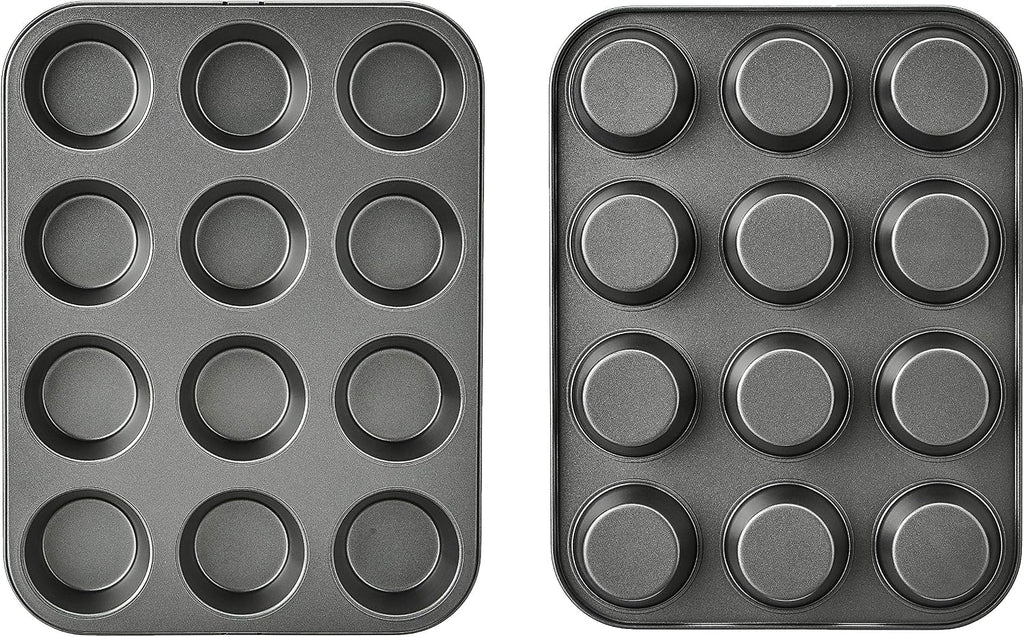Amazon Basics Nonstick Muffin Pan, Set of 2, Sturdy, Oven Safe, Bakes Evenly, Easy to Clean, 12 Cups, Gray, 13.9x10.55x1.22"