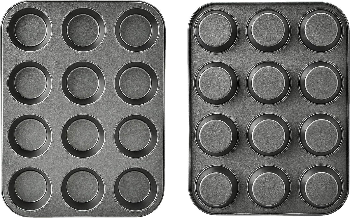 Amazon Basics Nonstick Muffin Pan, Set of 2, Sturdy, Oven Safe, Bakes Evenly, Easy to Clean, 12 Cups, Gray, 13.9x10.55x1.22"