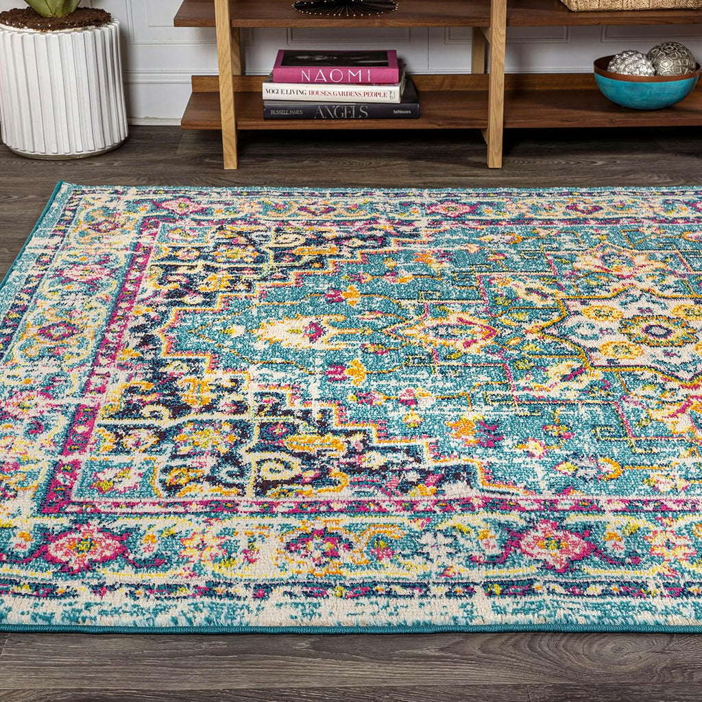 JONATHAN Y Brooklyn Geometric Medallion Blue/Multi Indoor Area Rug, 4x6, Vintage, Bohemian, Easy-Cleaning for Living Room, Bedroom, Kitchen, Pet Friendly, Non-Shedding (MDP207E-4)