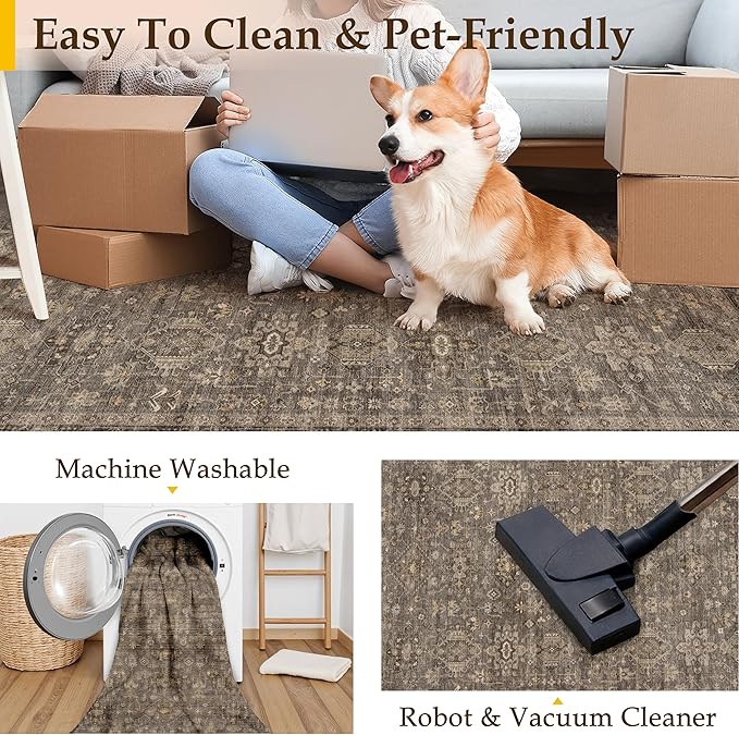 8x10 Washable Area Rug for Living Room Bedroom Vintage Brown Non Slip Carpet - Image 6