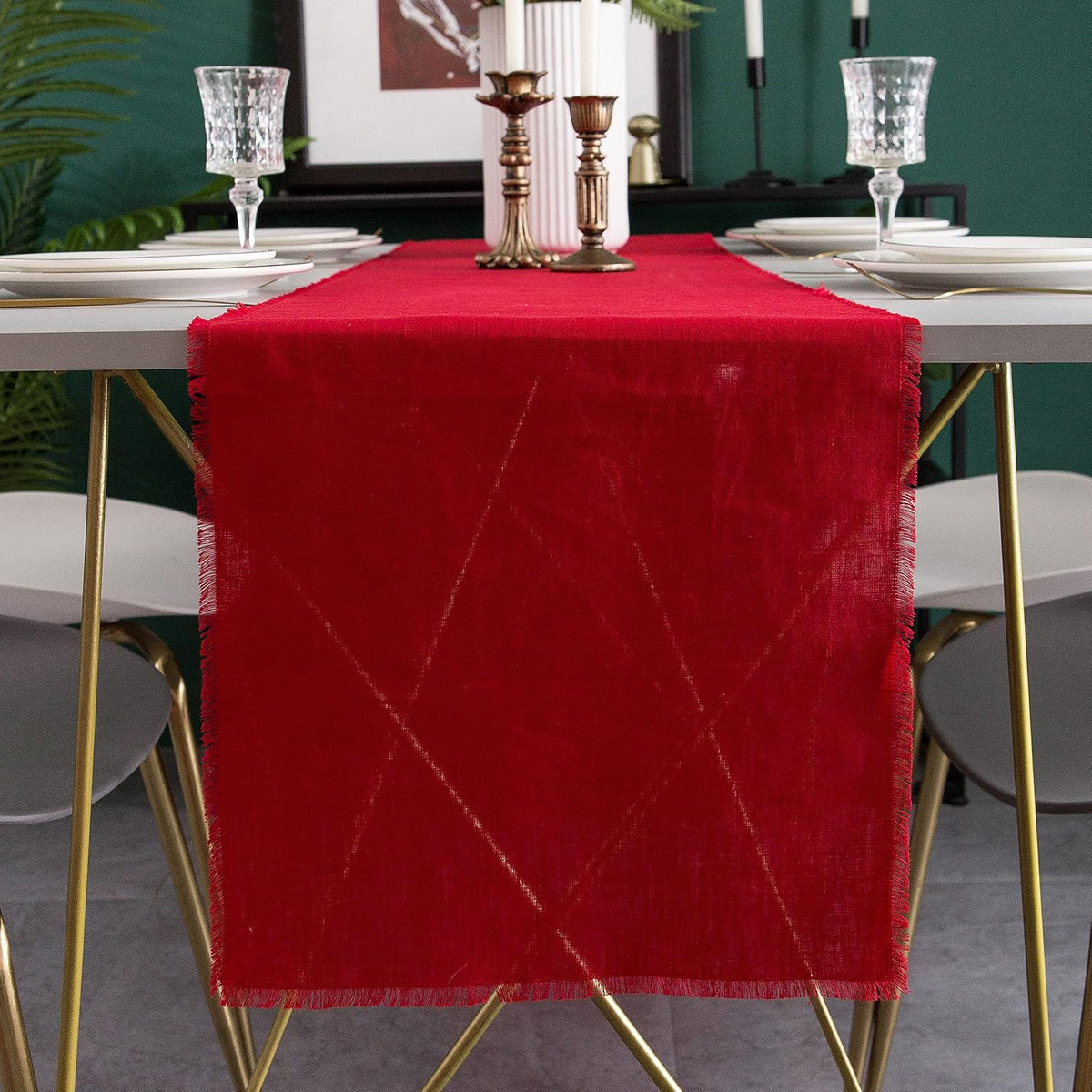 Christmas Table Runner with Fringe Red 14x72 Inch