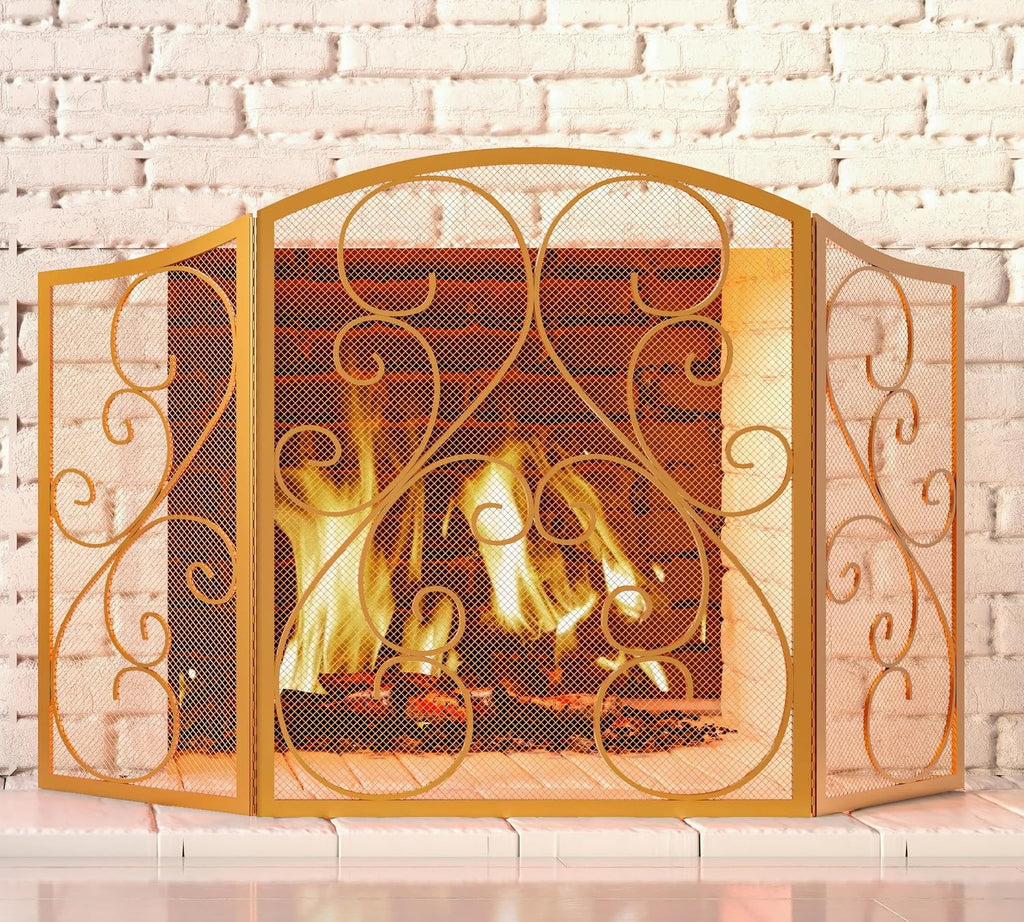 Fire Beauty Fireplace Screen 3 Panel Wrought Iron Metal 48"(L) x30(H) Spark Guard Cover(Golden Dusting)