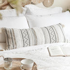 BlissBlush 14x36 Lumbar Pillow Cover for Bed, Rectangular Long Decorative Throw Pillowcase, Boho Accent Cushion with Black Tufted Pattern and Tassels, Cream Neutral (Cover Only)