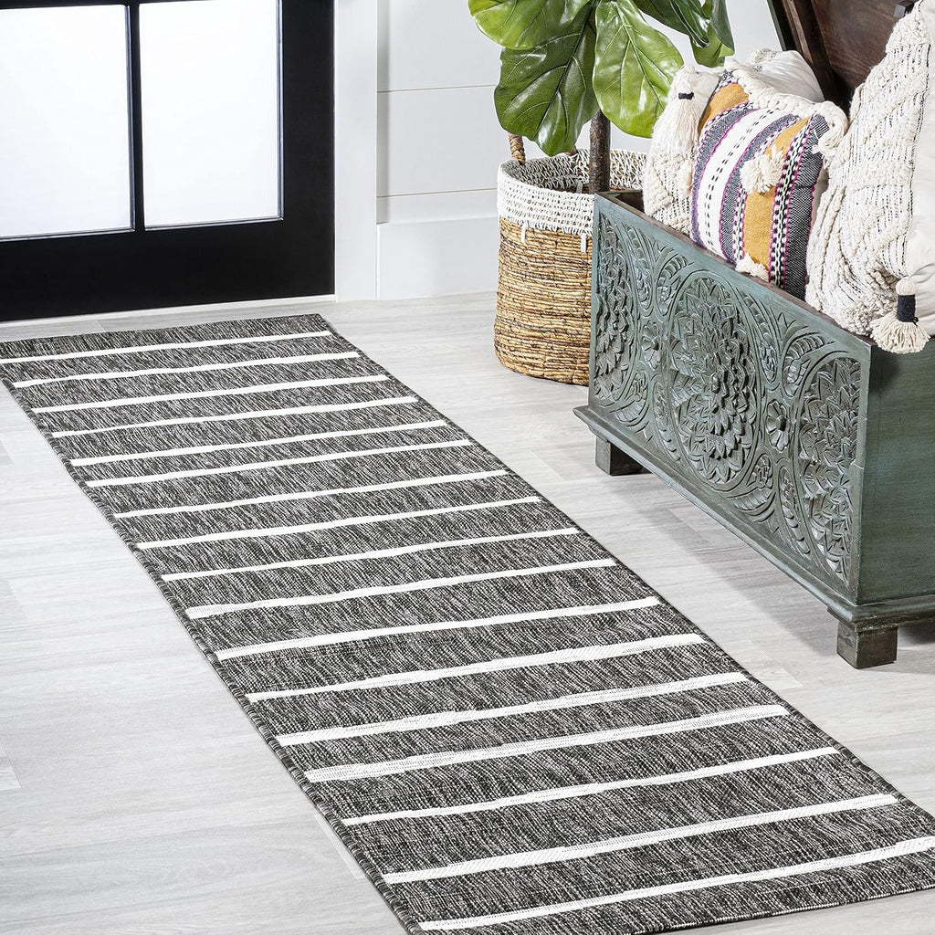 JONATHAN Y Berber Stripe Indoor Outdoor Runner Rug 2X10 Black/Ivory, Colonia for Backyard, Patio, Porch, Easy-Cleaning, High Traffic, Pet-Friendly, Non-Shedding (SMB125E-210)