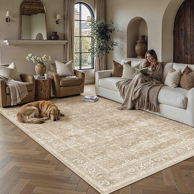 5x7 Washable Area Rug for Living Room Bedroom Vintage Beige Soft Low Pile by WondRg