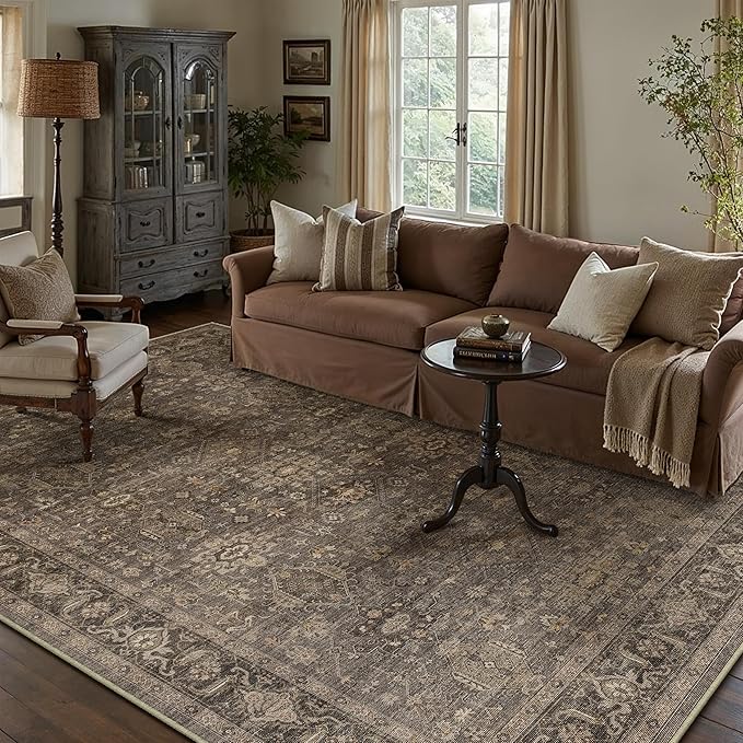 8x10 Washable Area Rug for Living Room Bedroom Vintage Brown Non Slip Carpet - Image 3