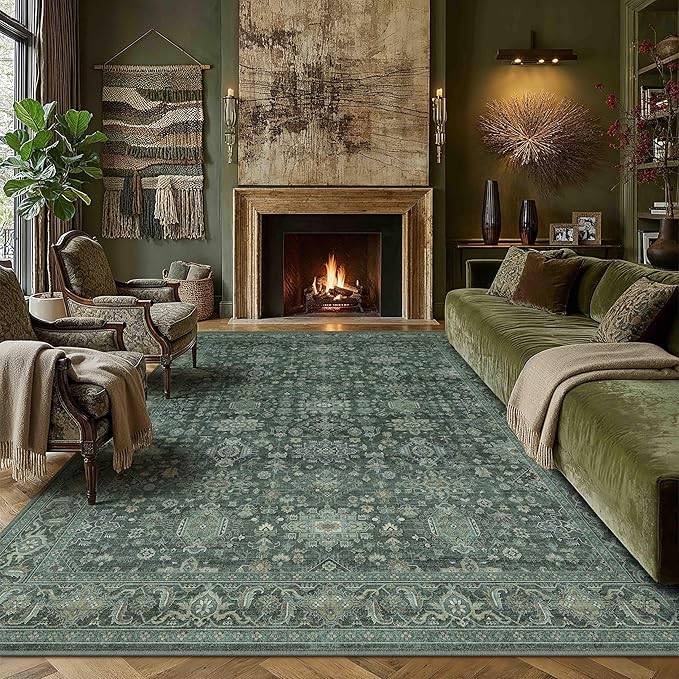 9x12 Washable Area Rug for Living Room Bedroom Vintage Green Non Slip Carpet by WondRg