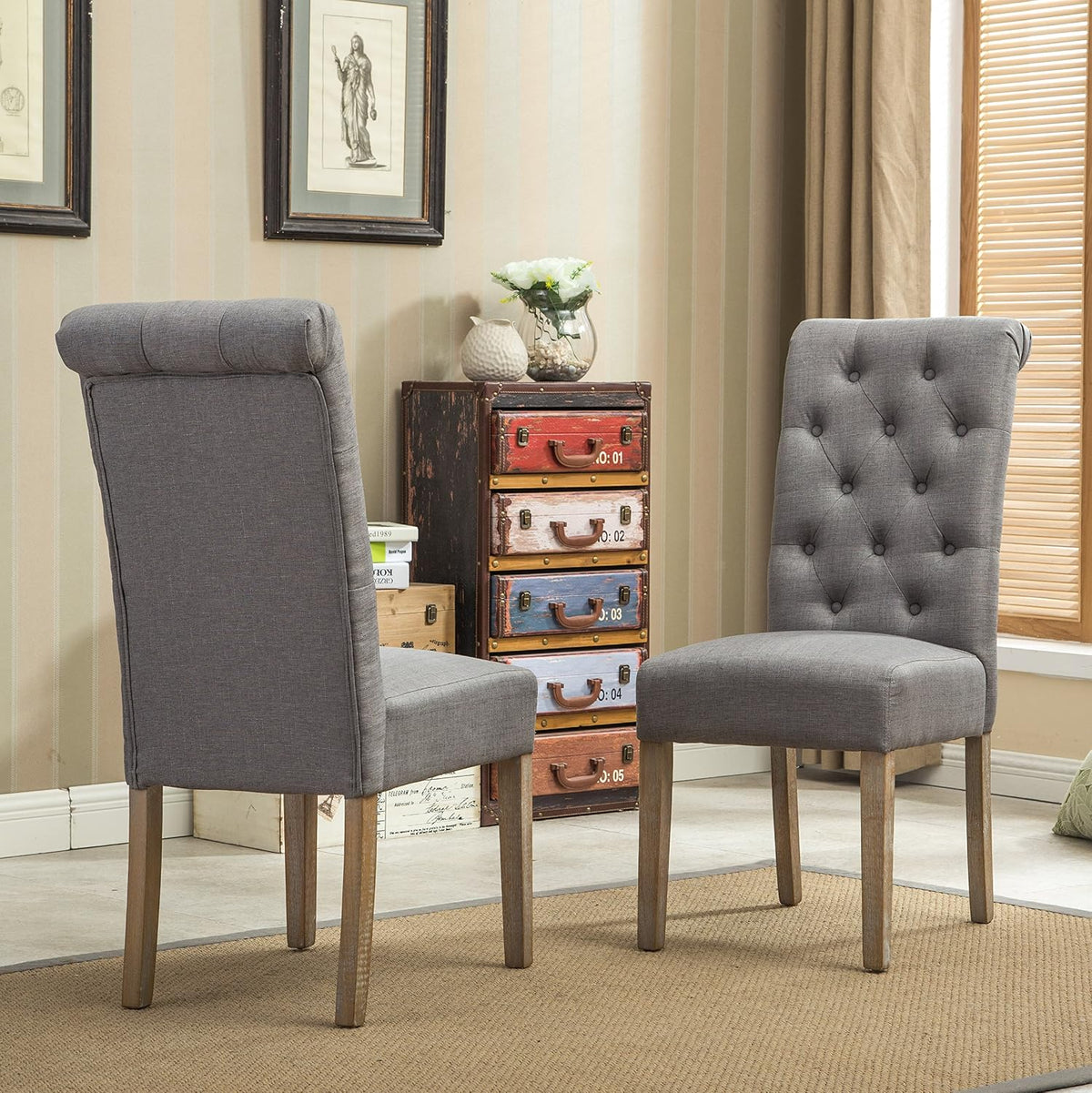 Roundhill Furniture Habit Grey Solid Wood Tufted Parsons Dining Chair (Set of 2), Gray
