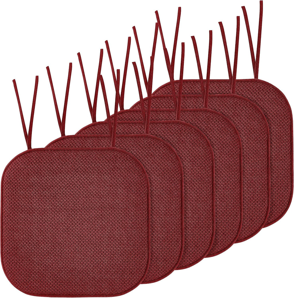 Elegant Comfort Chair Cushion Covers with Ties and Non Skid Rubber Backing-Thick Memory Foam - Soft Cushion Pad- Rounded Square Seat Cover-16 x 16 Inches-Honeycomb Textured Pattern, Set of 6, Burgundy