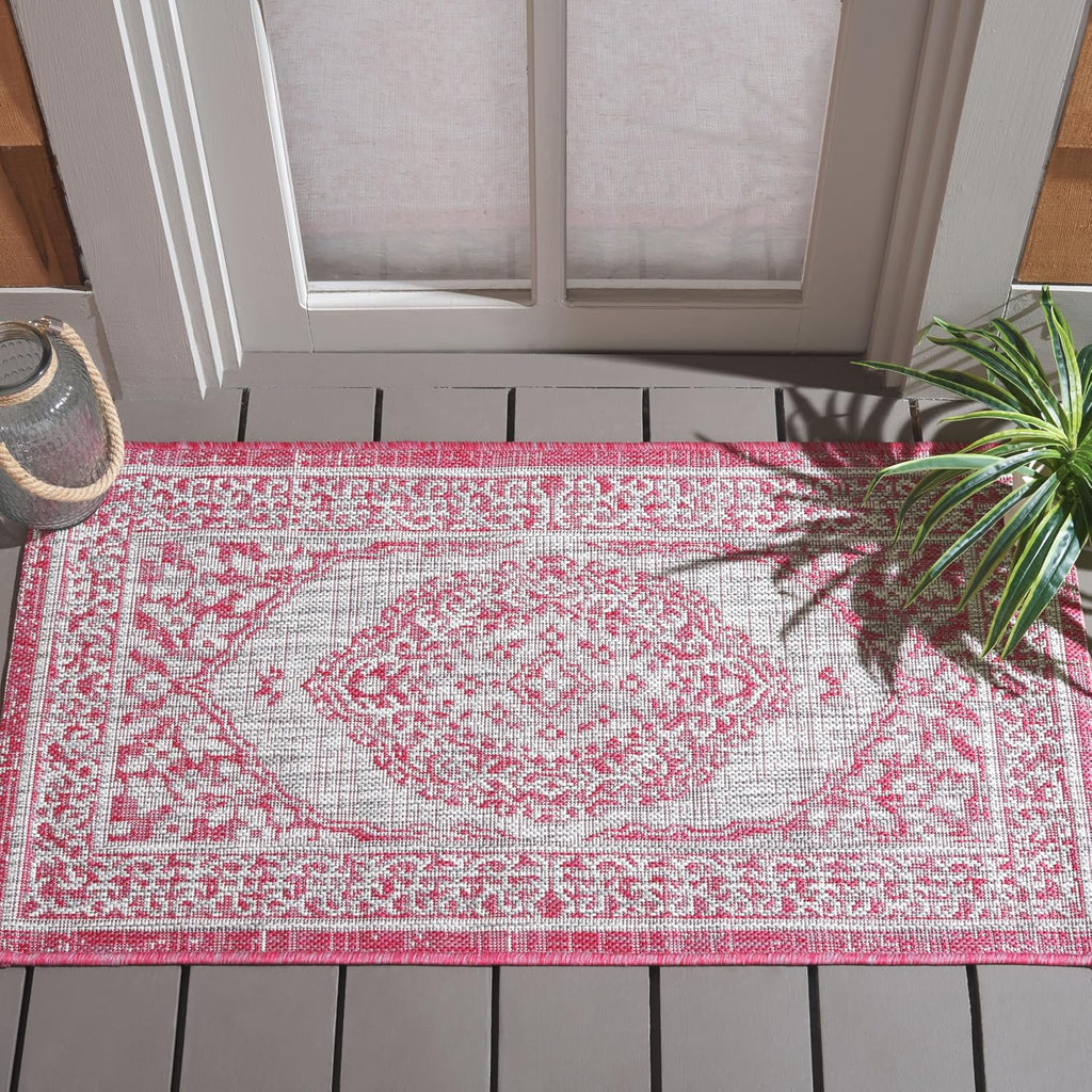 SAFAVIEH Washable Rug Outdoor Courtyard Collection - 2' x 3'7", Light Grey & Fuchsia Pink Purple, Non-Shedding & Easy Cleaning, Ideal for Patio, Front Door, Entryway, Doormat (CY8751-39712)
