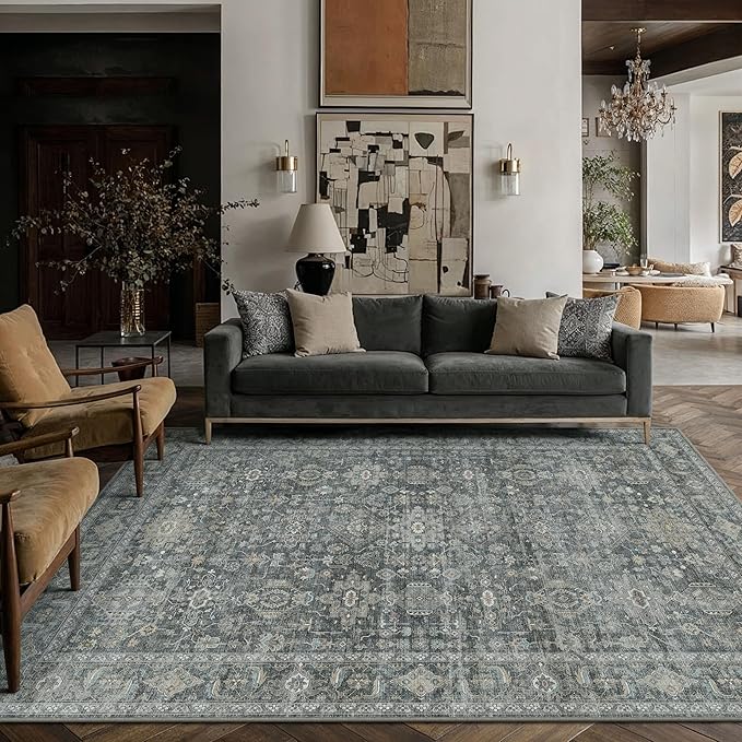 6x9 Washable Area Rug for Living Room Bedroom Vintage Black Grey Carpet Soft by WondRg