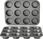 Amazon Basics Nonstick Muffin Pan, Set of 2, Sturdy, Oven Safe, Bakes Evenly, Easy to Clean, 12 Cups, Gray, 13.9x10.55x1.22"