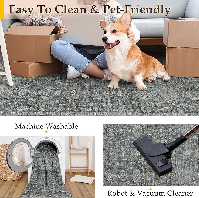 9x12 Washable Area Rug for Living Room Bedroom Vintage Black Grey Non Slip - Image 5