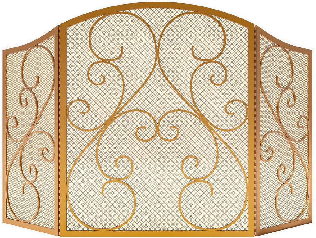Fire Beauty Fireplace Screen 3 Panel Wrought Iron Metal 48"(L) x30(H) Spark Guard Cover(Golden Dusting)