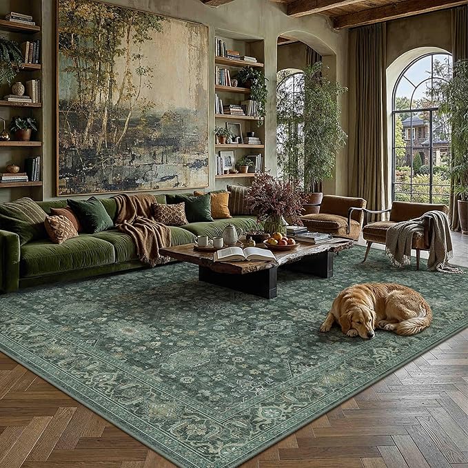 9x12 Washable Area Rug for Living Room Bedroom Vintage Green Non Slip Carpet - Image 4